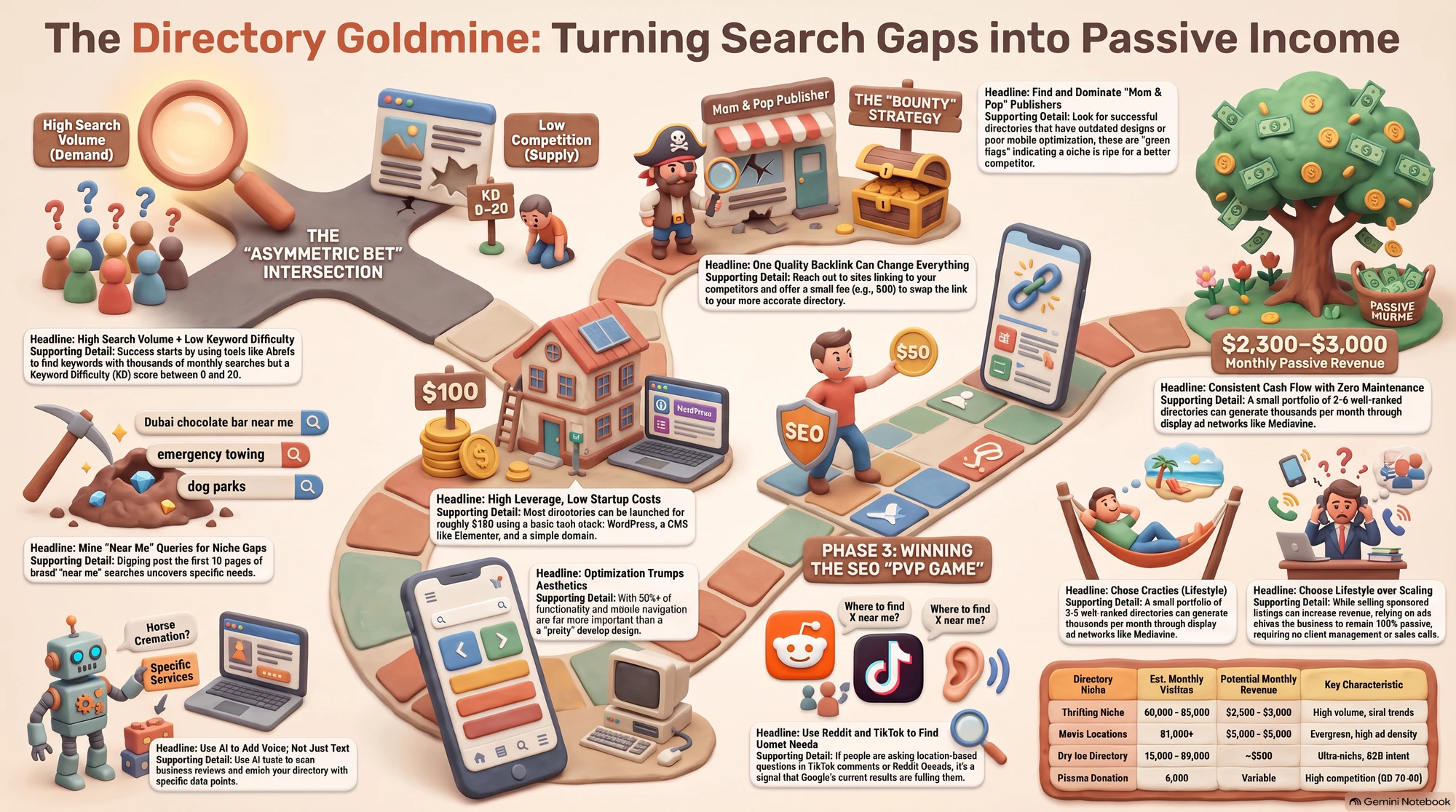Infographic explaining how to build passive income directories by finding and filling low-competition search gaps.