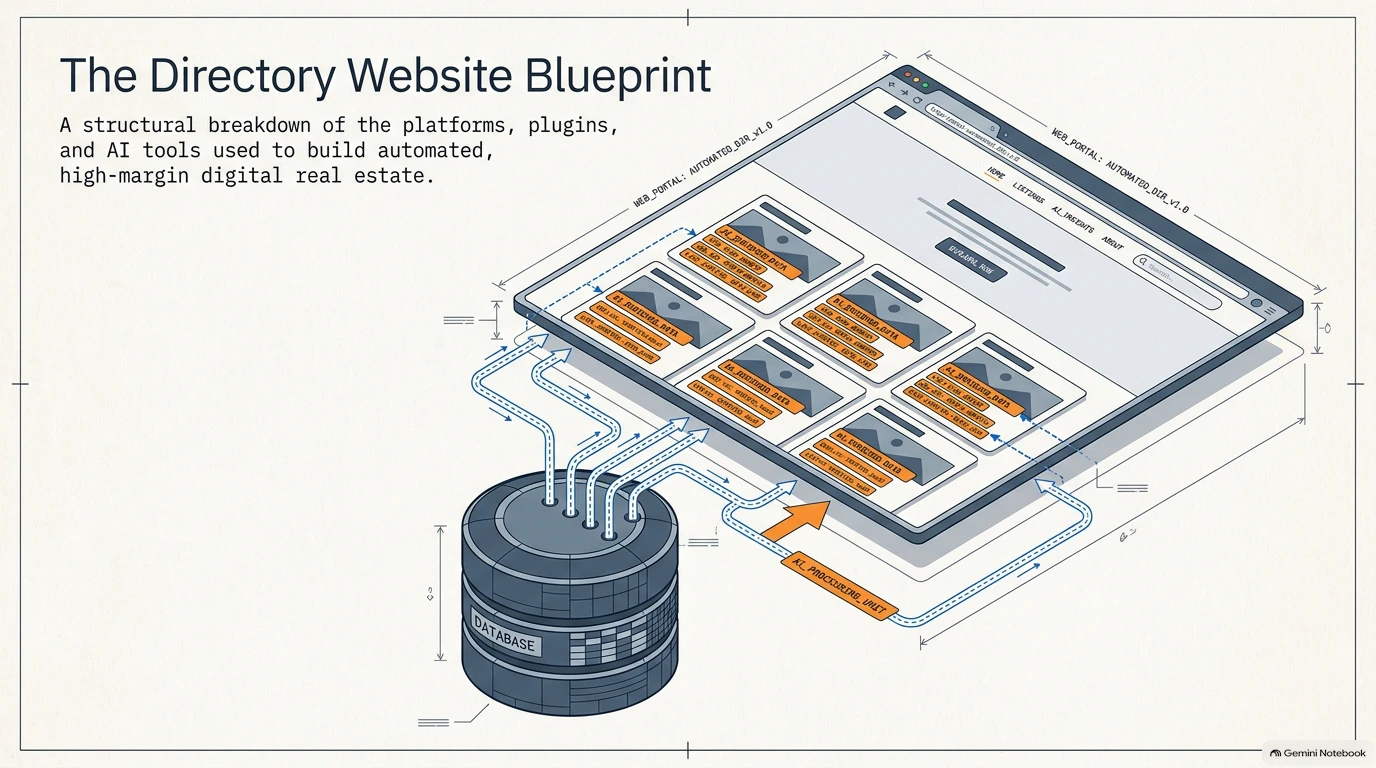 Diagram of the structural blueprint for building an automated directory website using a database and AI tools.