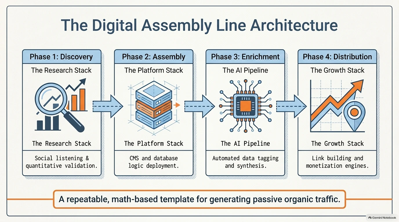 A four-phase digital assembly line architecture for discovering, building, enriching, and distributing content.