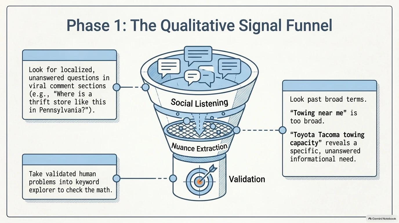 Diagram of a qualitative signal funnel used for niche research, nuance extraction, and keyword validation.