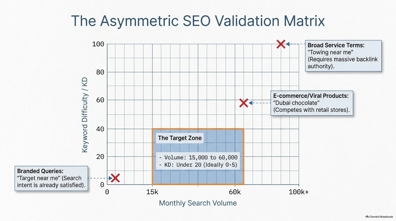 Matrix plotting keyword difficulty against search volume to identify the ideal target zone for SEO.