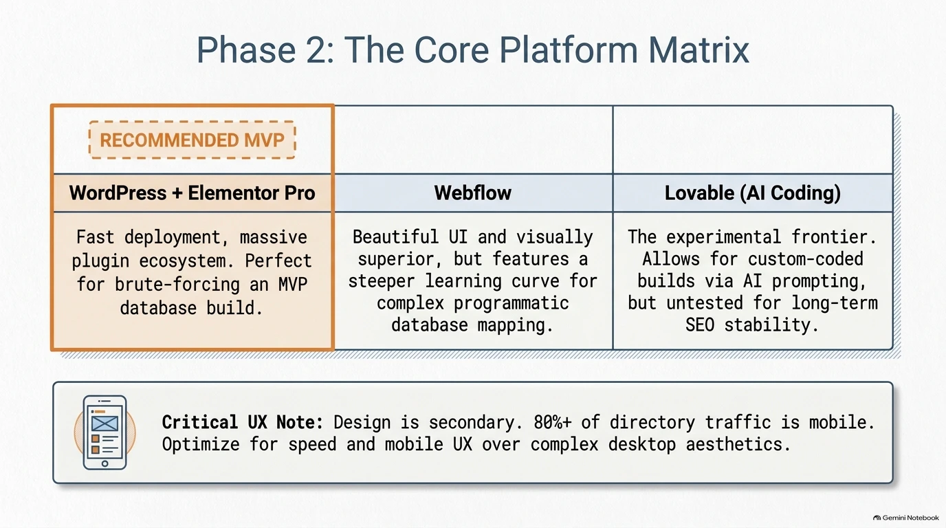 Comparison of WordPress, Webflow, and Lovable platforms for building a directory minimum viable product.