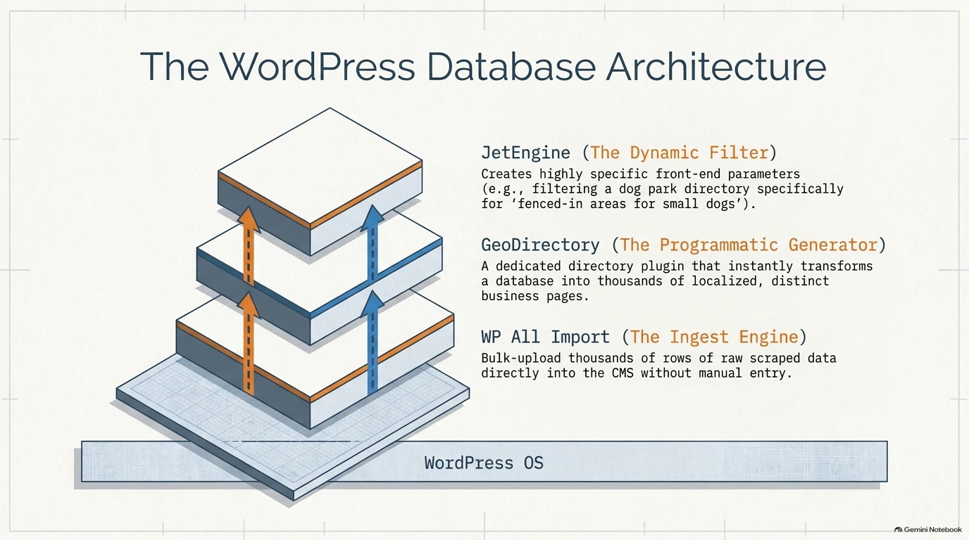 Three-layer database architecture for WordPress using WP All Import, GeoDirectory, and JetEngine.