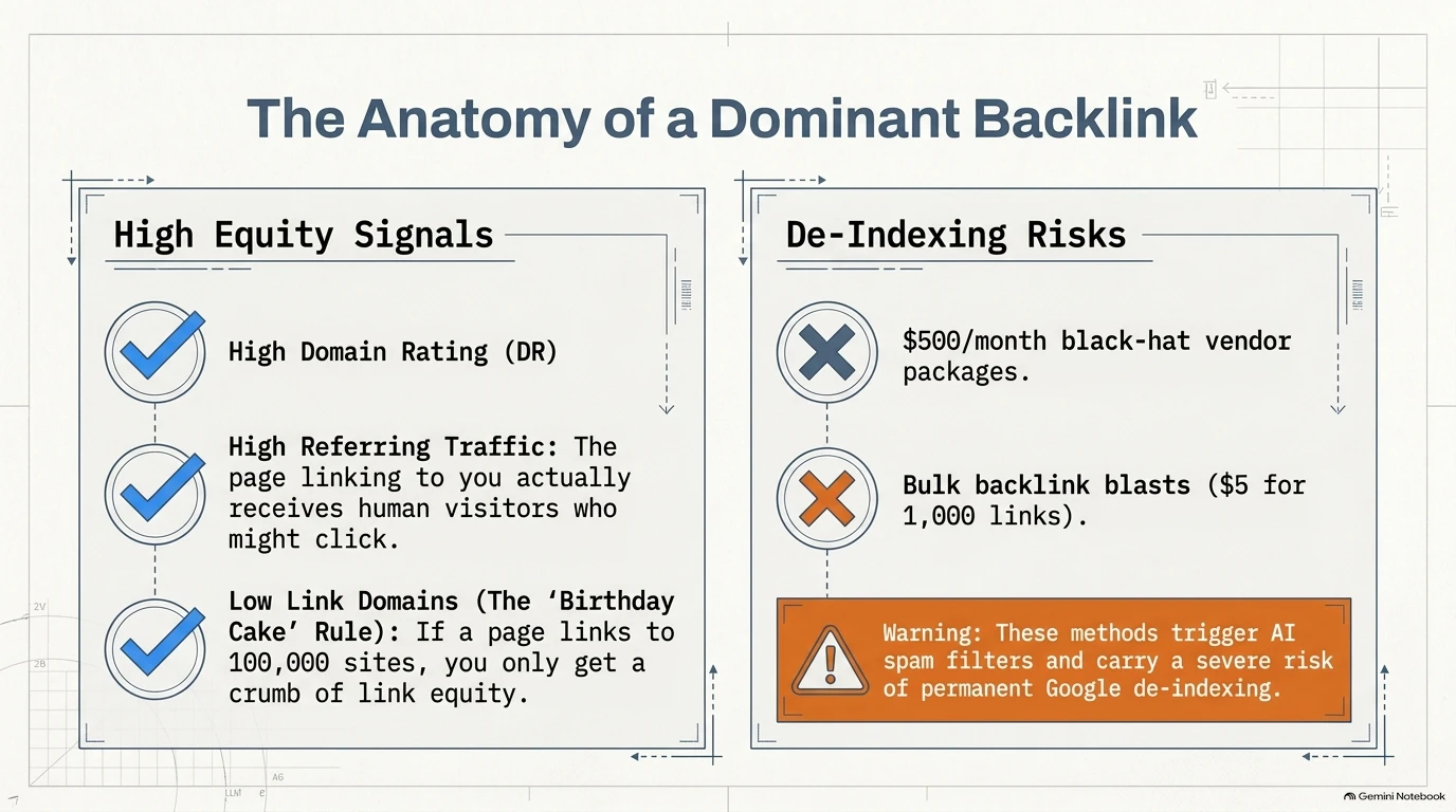 Checklist of high equity signals versus de-indexing risks for evaluating backlink quality.