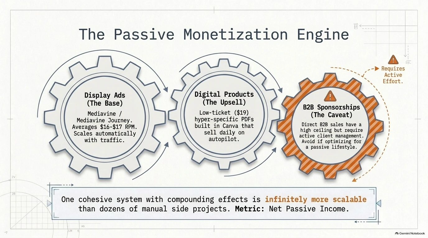 A three-part monetization engine using ads, digital products, and high-effort B2B sponsorships.
