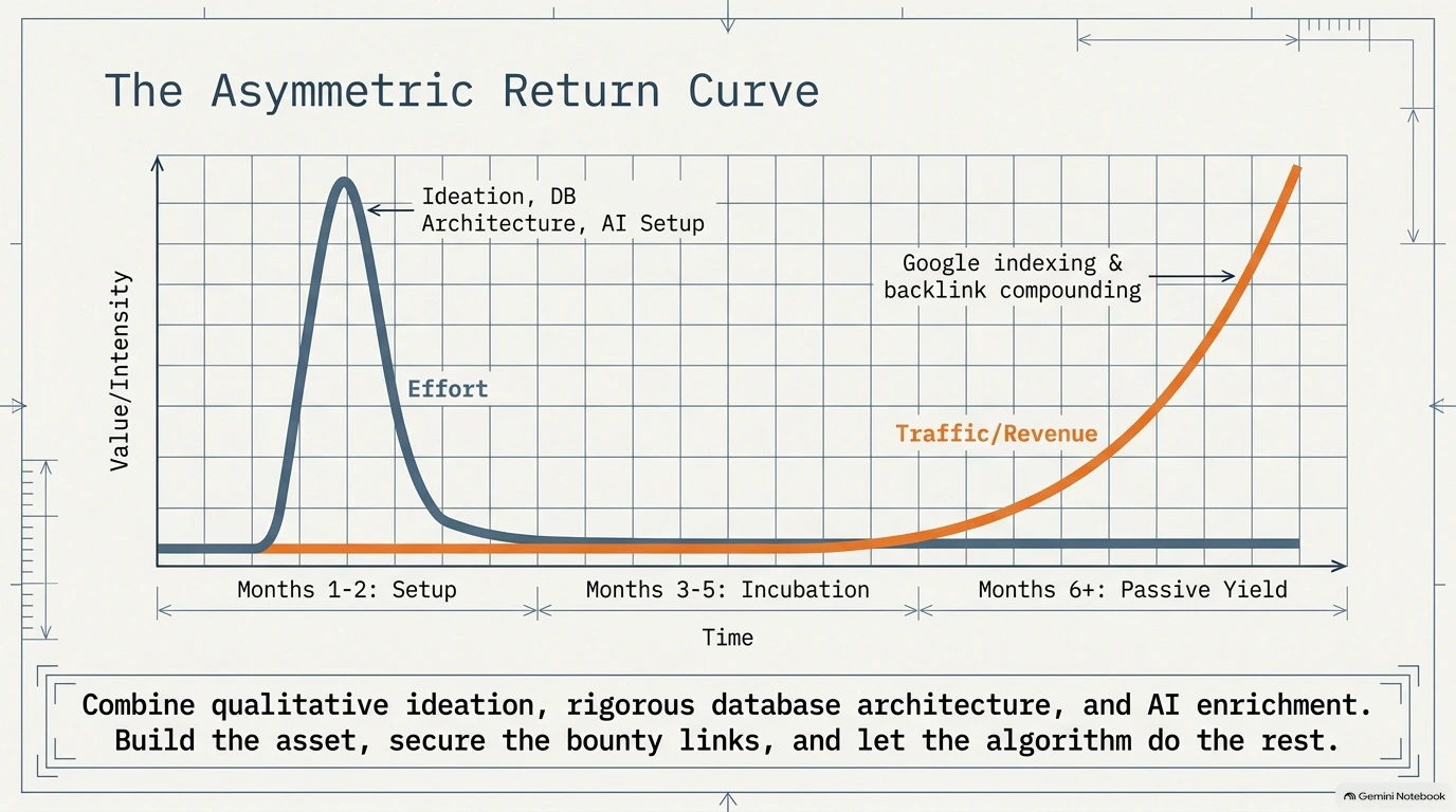 Graph showing a high initial effort spike followed by an exponential increase in passive traffic and revenue.