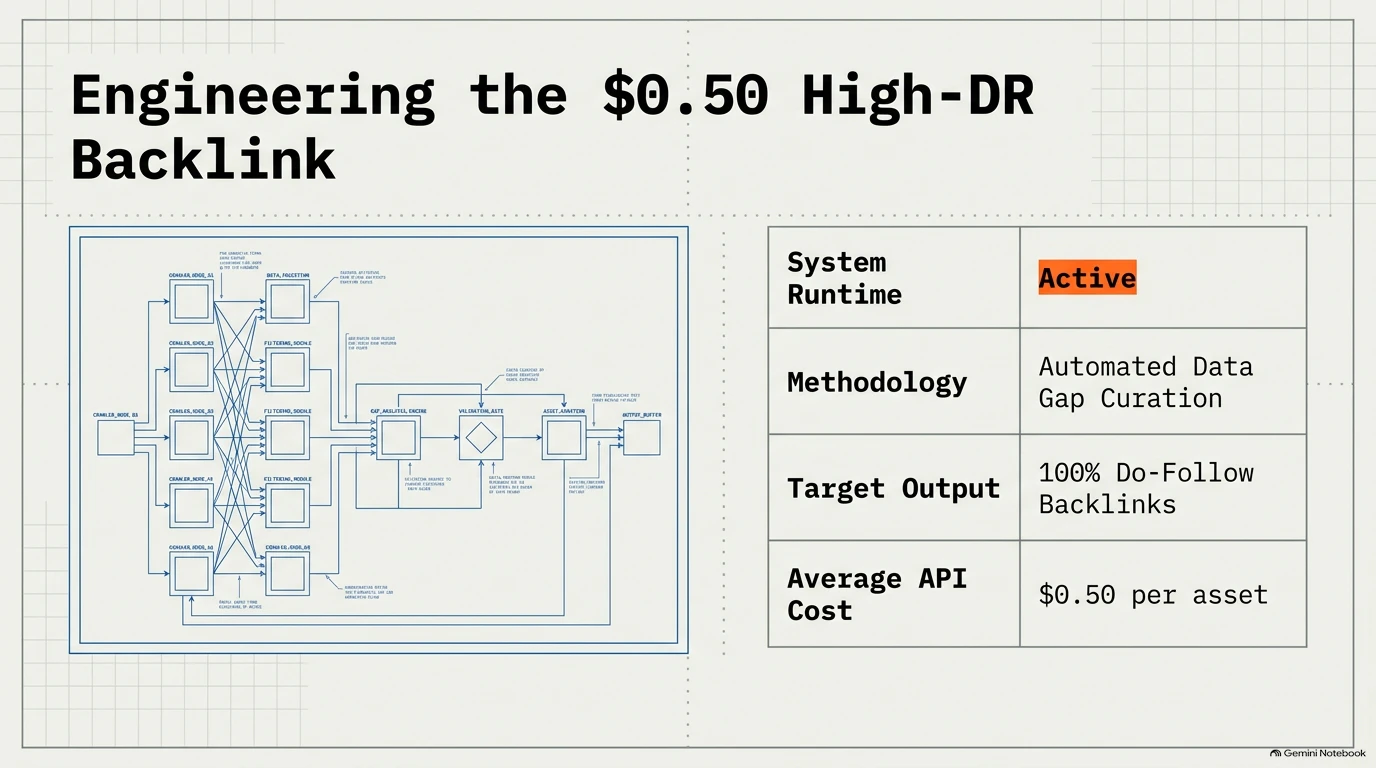 Title slide for engineering high-DR backlinks for $0.50, featuring system runtime architecture and target output metrics.