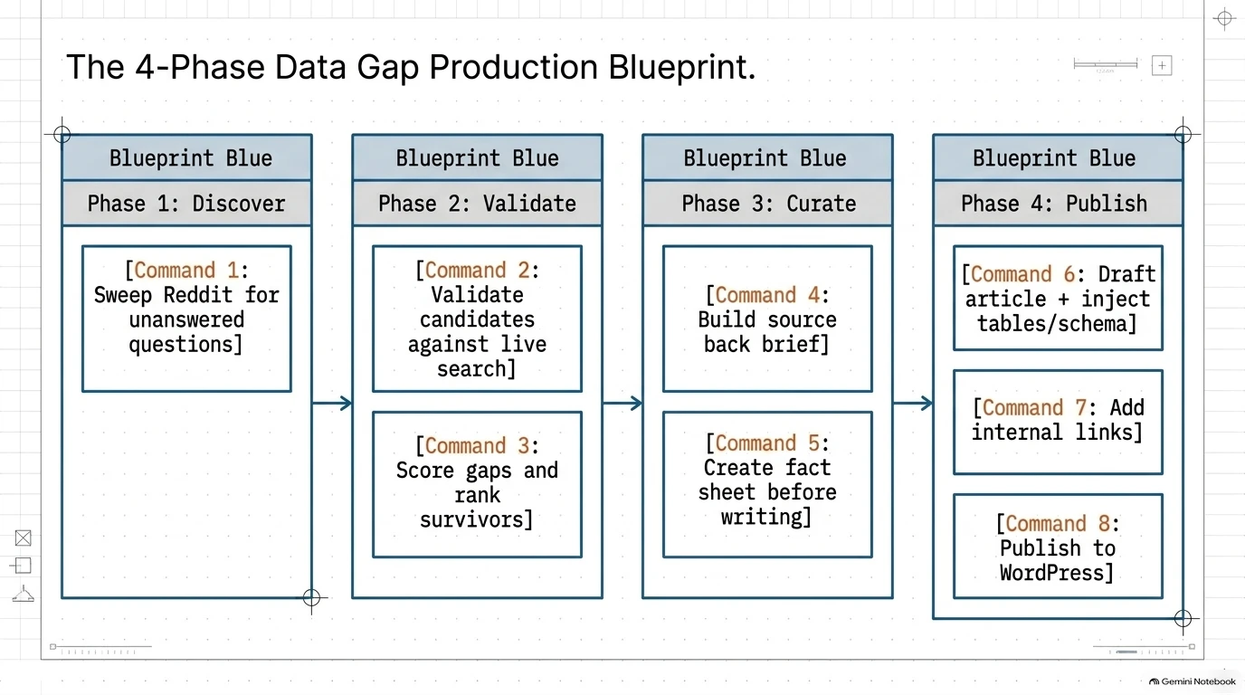 Phase 3 workflow showing multi-source inputs compiled into a source back brief and verified fact sheet.