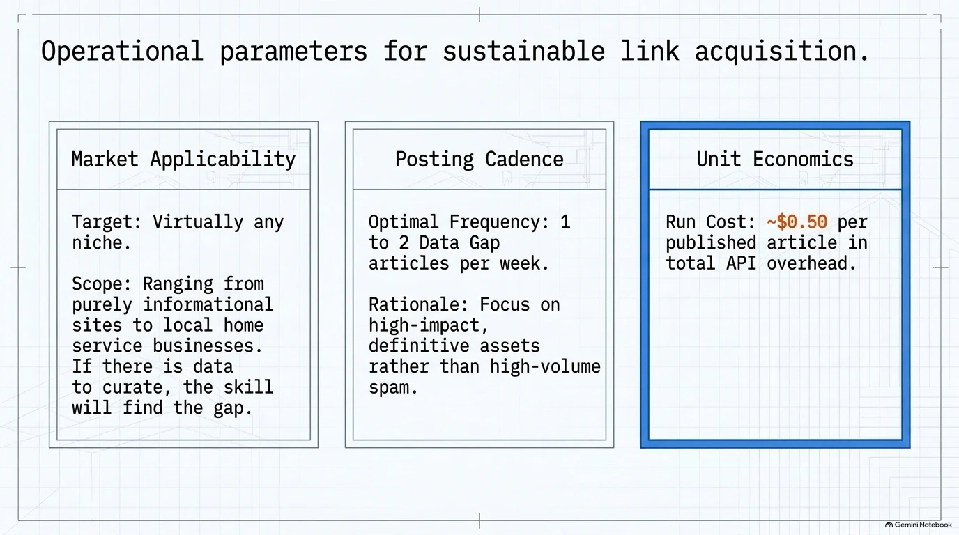 Overview of operational parameters covering market applicability, posting cadence, and unit economics.
