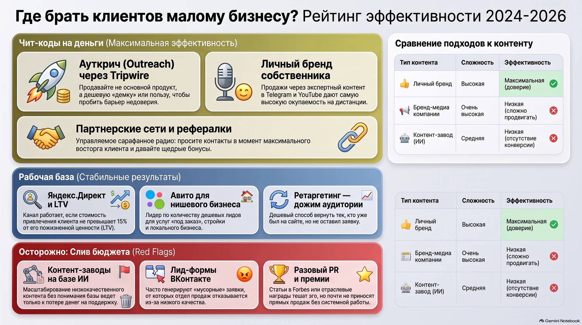 Инфографика анализирует эффективность различных каналов привлечения клиентов для малого бизнеса на период с 2024 по 2026 годы.