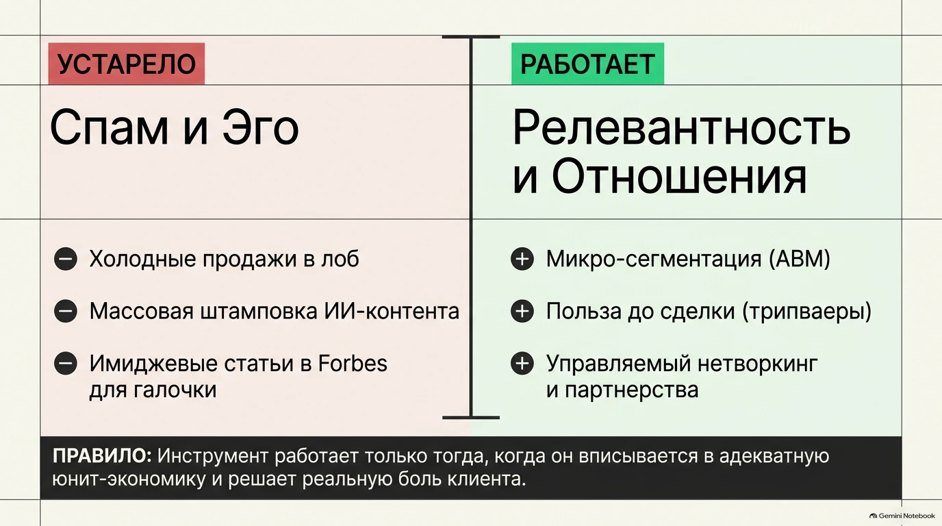 Сравнение устаревших подходов («Спам и Эго») с работающими методами («Релевантность и Отношения»).