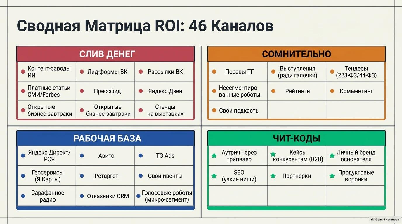 Сводная матрица ROI из 46 каналов, разделенная на четыре категории.