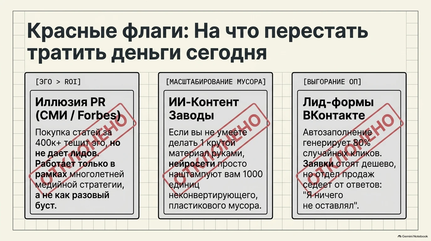 Блок «Красные флаги» с разбором неэффективных затрат: Иллюзия PR, ИИ-Контент Заводы и Лид-формы ВКонтакте.