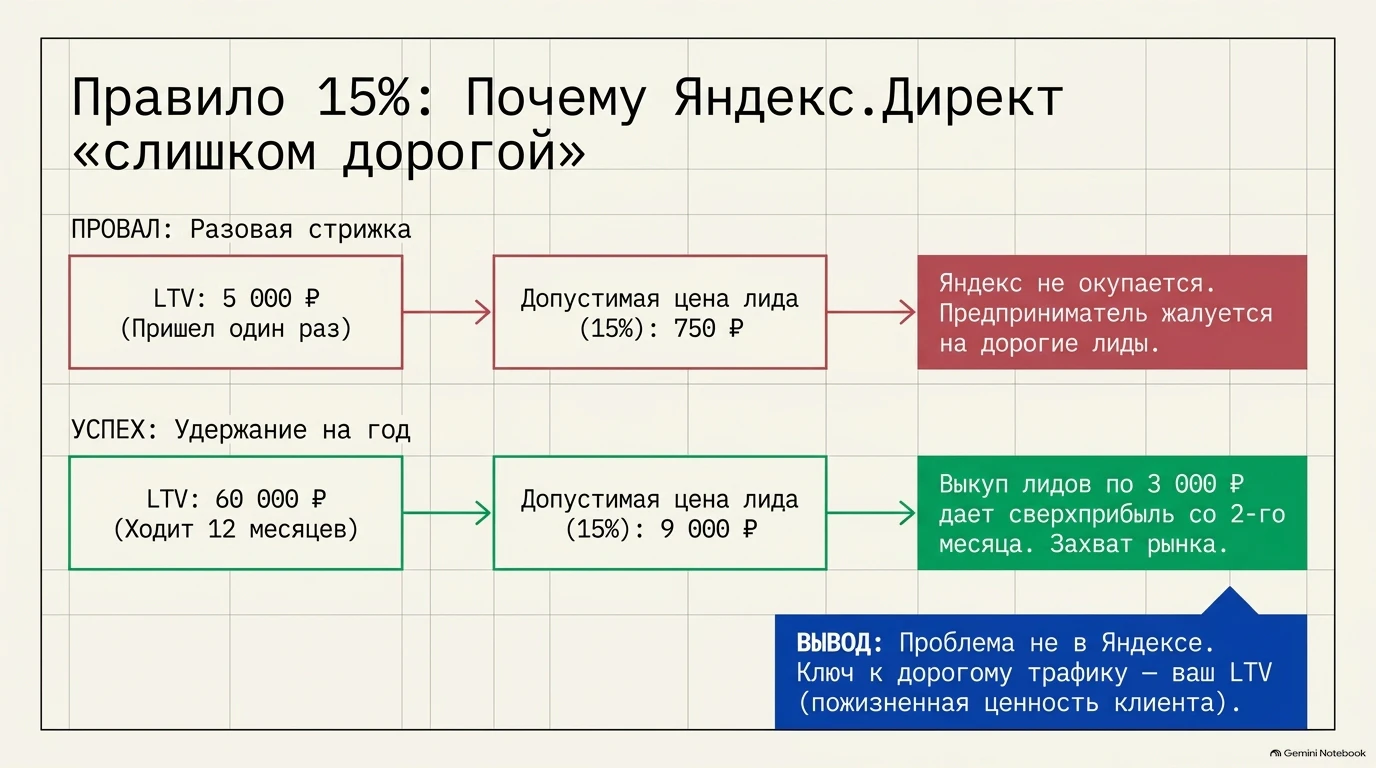 Схема «Правило 15%», объясняющая экономику привлечения клиентов через Яндекс.Директ в зависимости от LTV.