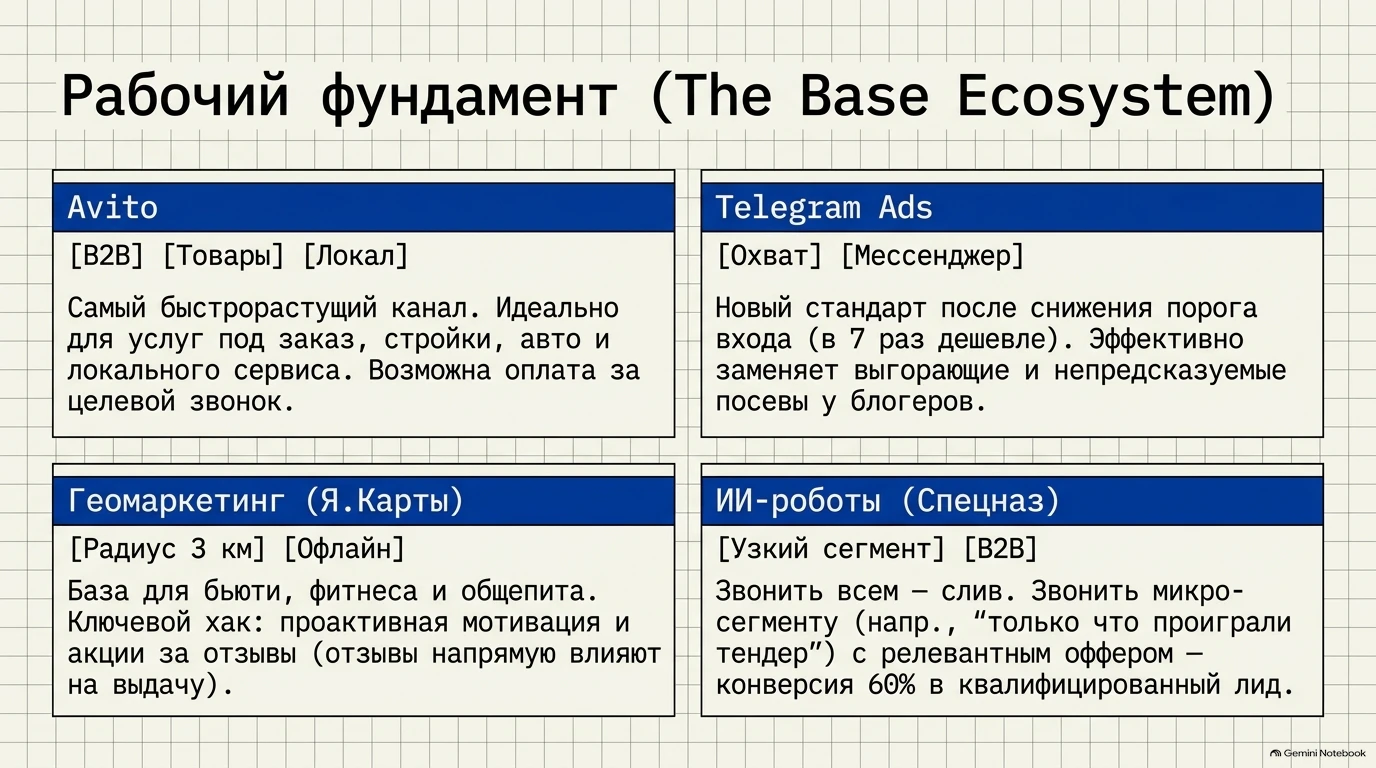 Описание четырех базовых инструментов экосистемы: Авито, Telegram Ads, Геомаркетинг и ИИ-роботы.
