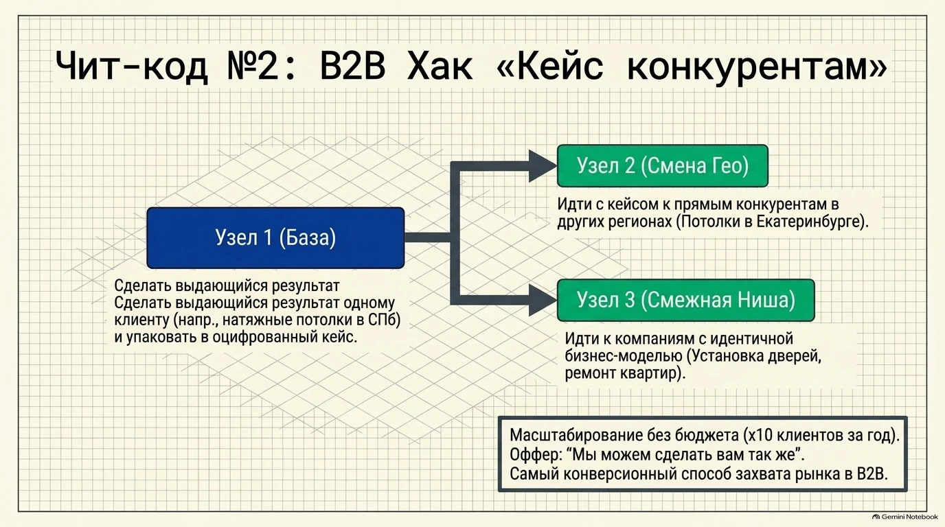 Схема B2B хака «Кейс конкурентам» с разбором двух путей масштабирования результатов.