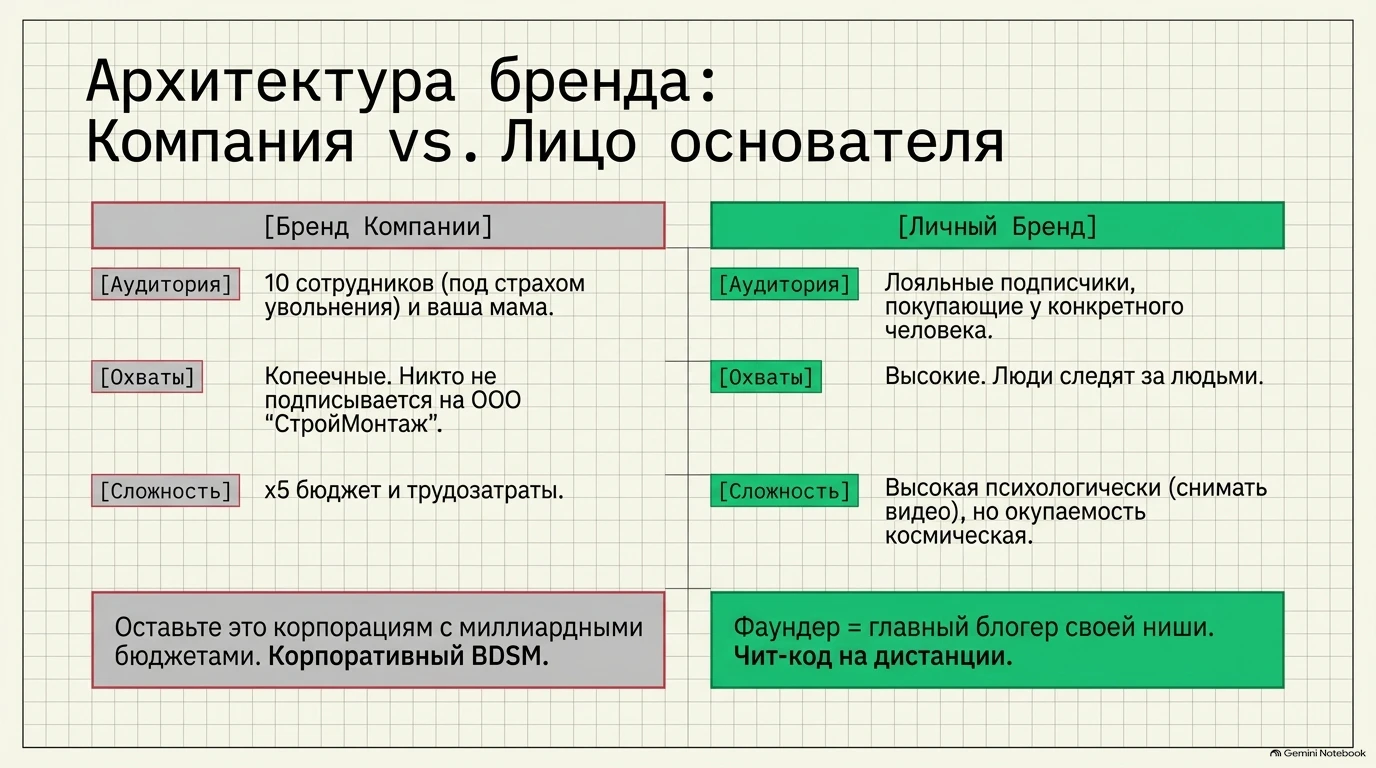 Сравнение архитектуры бренда компании и личного бренда основателя.