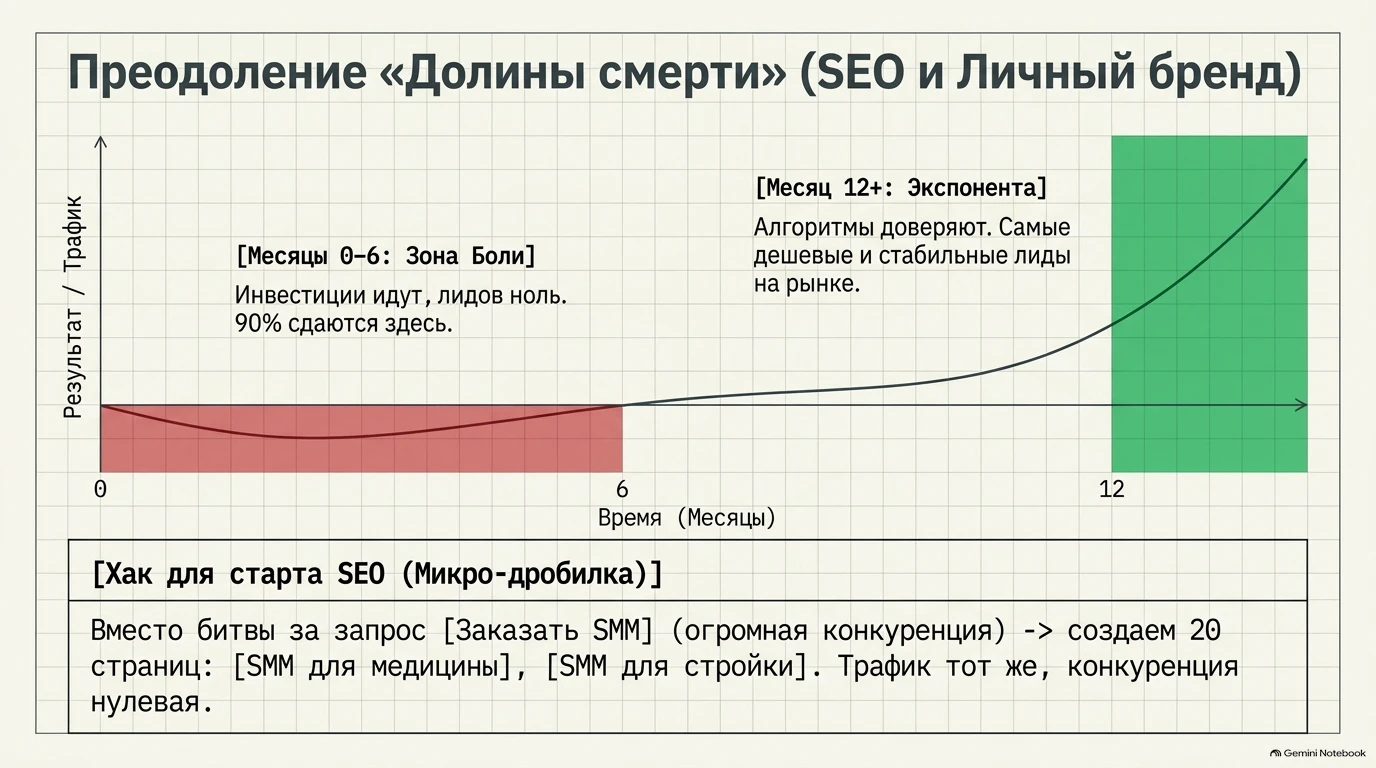 График преодоления «Долины смерти» для SEO и личного бренда с описанием хака для старта.
