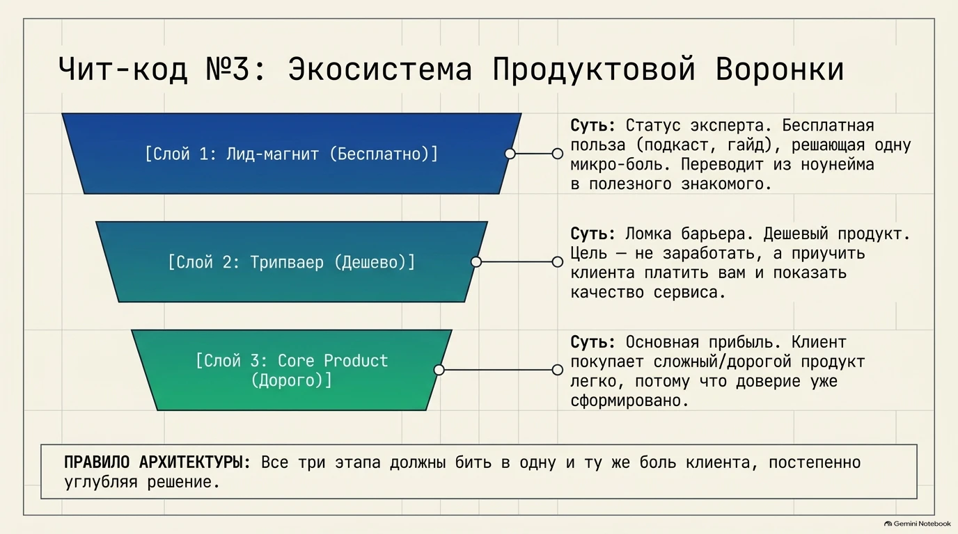 Схема трехслойной экосистемы продуктовой воронки: лид-магнит, трипваер и Core Product.