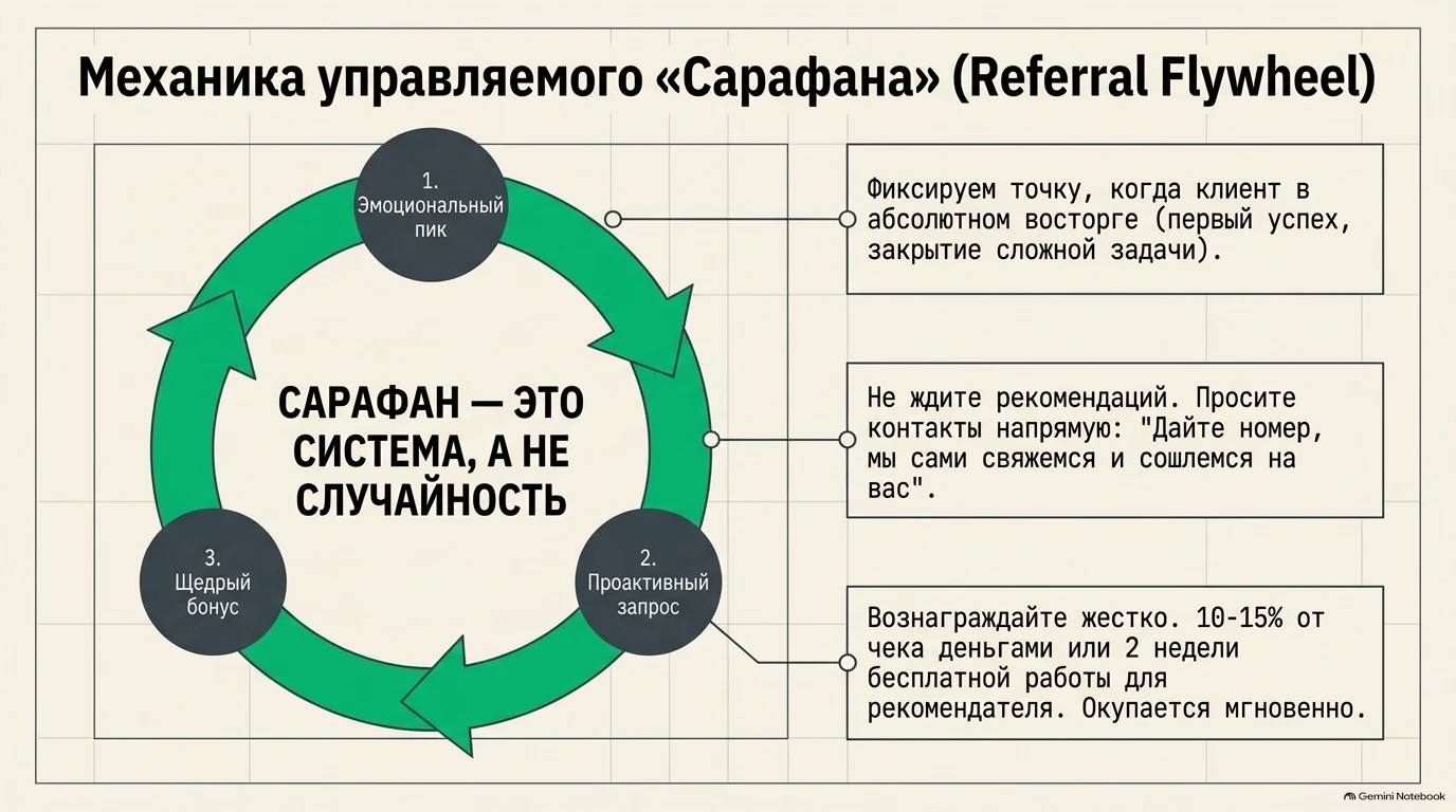 Циклическая схема механики управляемого «Сарафана» (Referral Flywheel) из трех шагов.