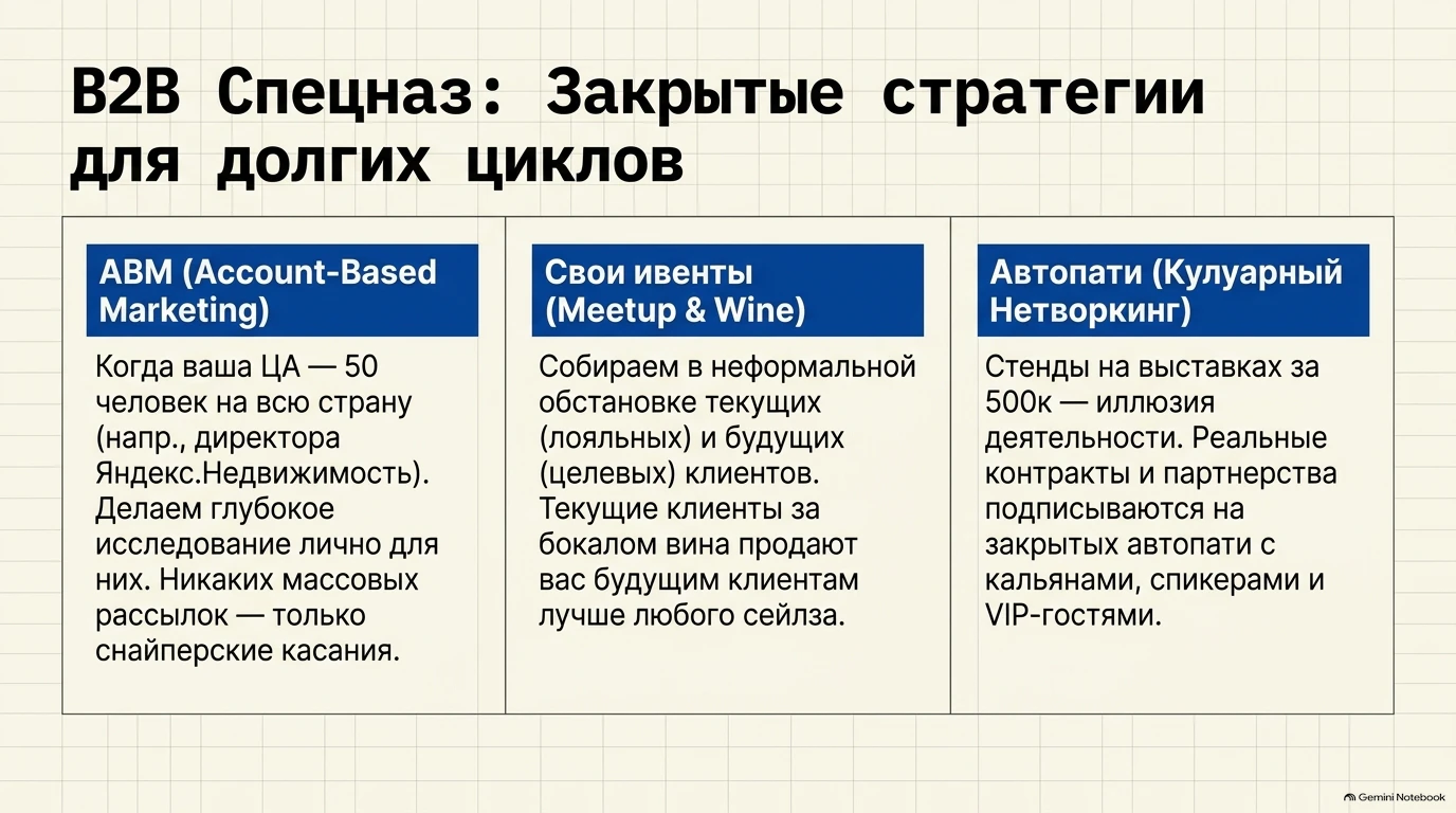 Описание закрытых B2B стратегий для долгих циклов: ABM, свои ивенты и автопати.