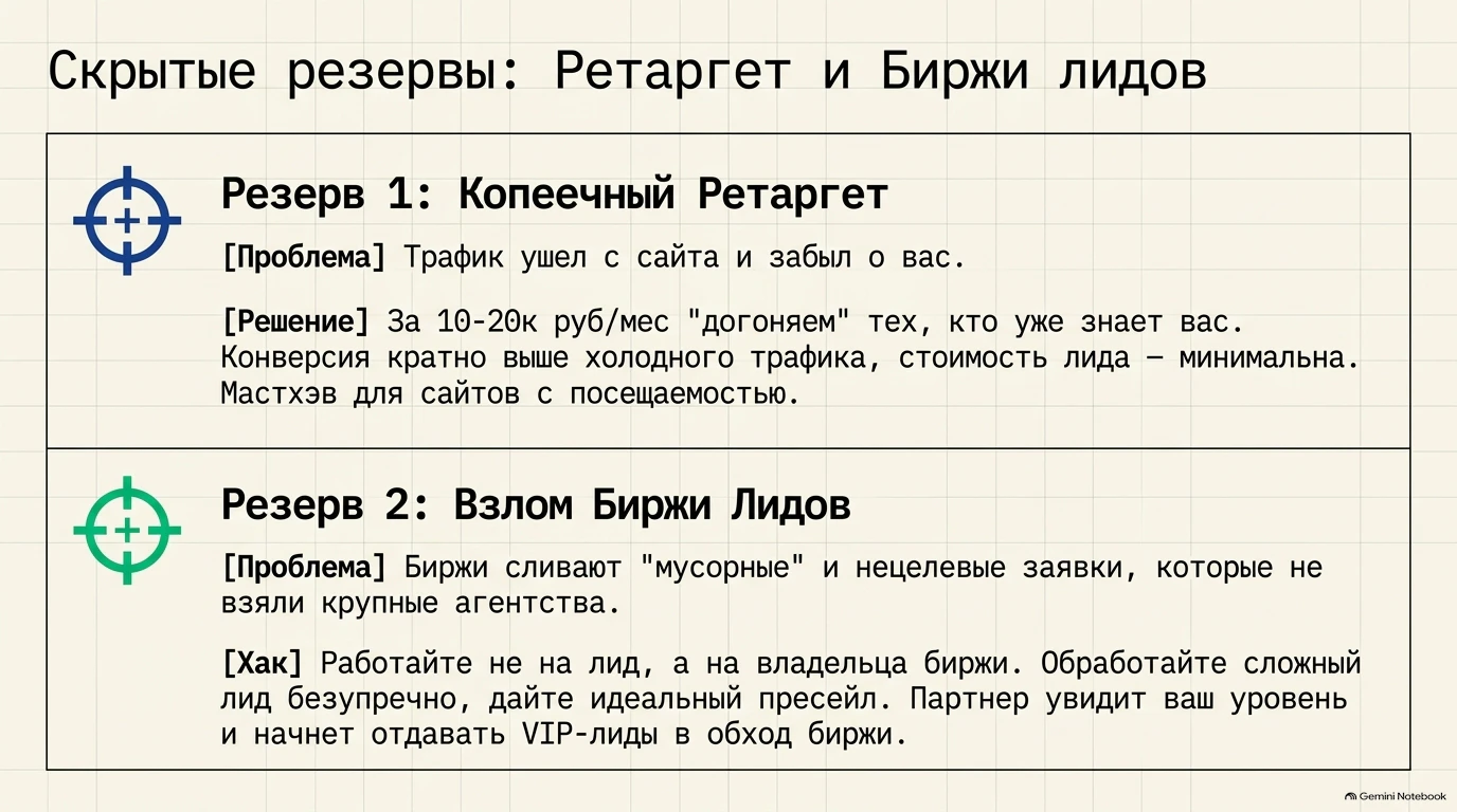 Описание скрытых резервов маркетинга: копеечный ретаргет и взлом биржи лидов.