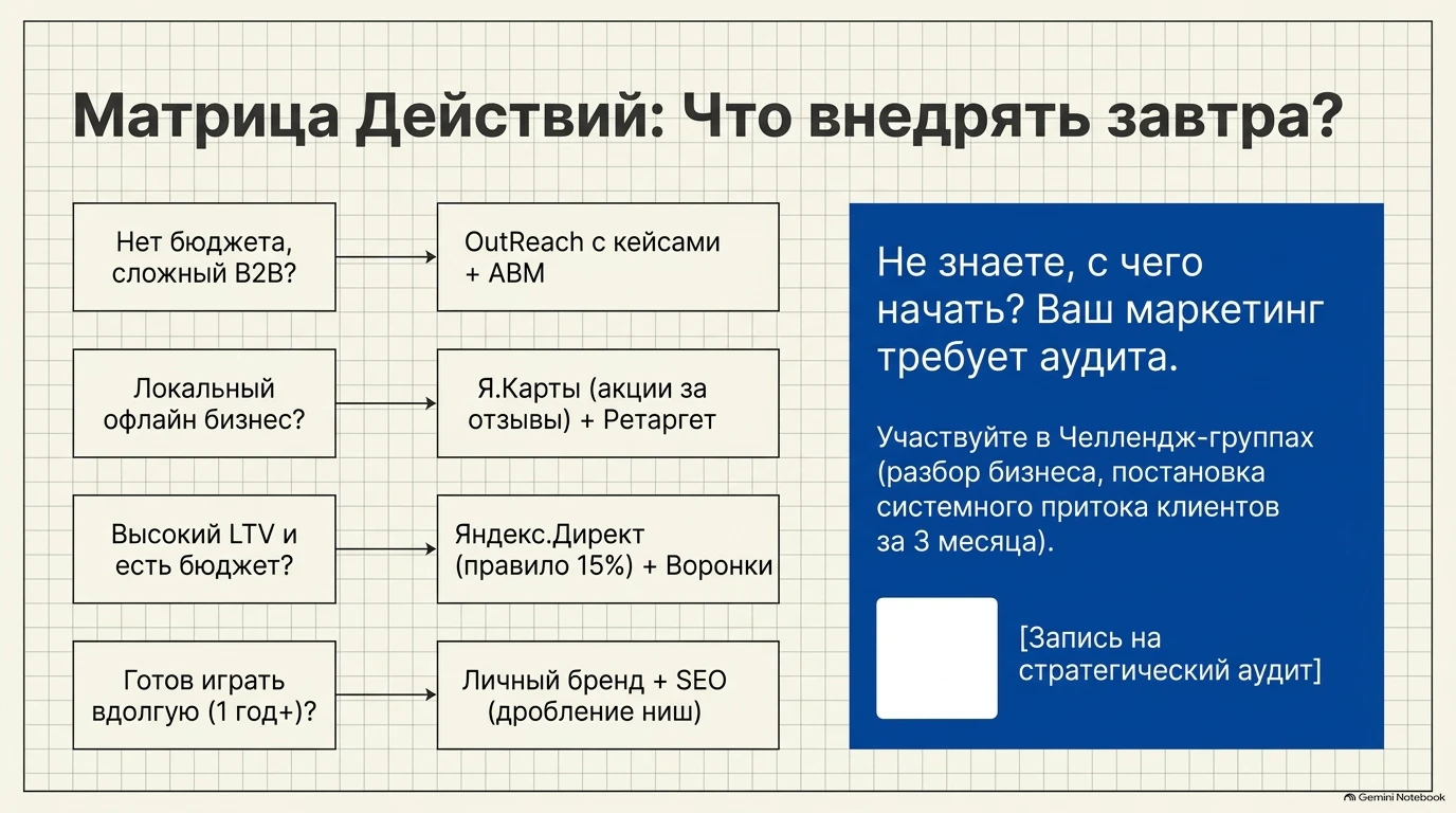 Матрица действий и предложения по аудиту маркетинга для различных типов бизнеса.