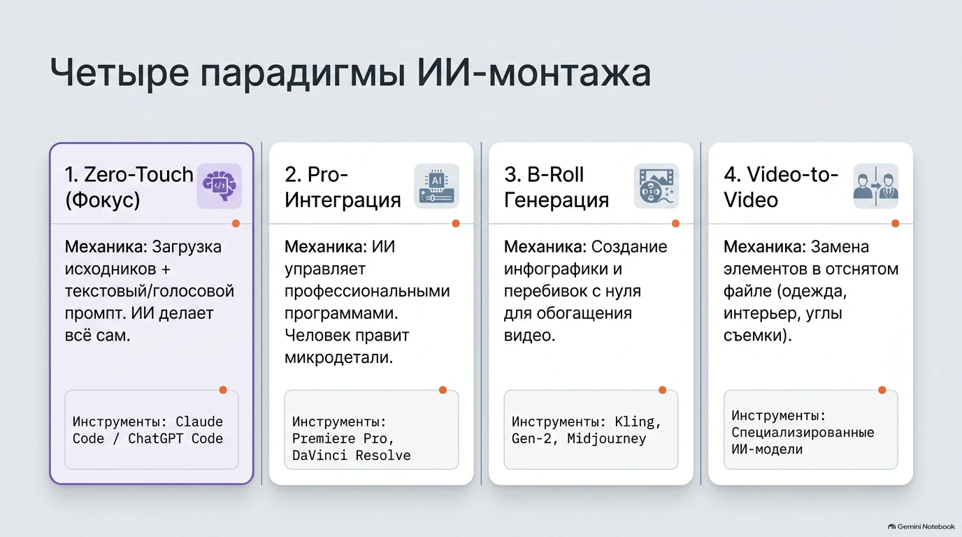 Слайд: Четыре парадигмы ИИ-монтажа с описанием механик и инструментов.