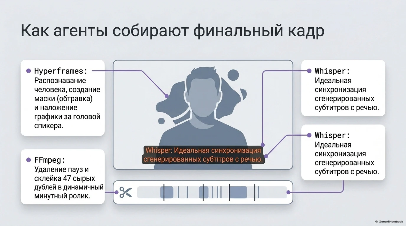Слайд: Как агенты собирают финальный кадр с использованием FFmpeg, Whisper и Hyperframes.