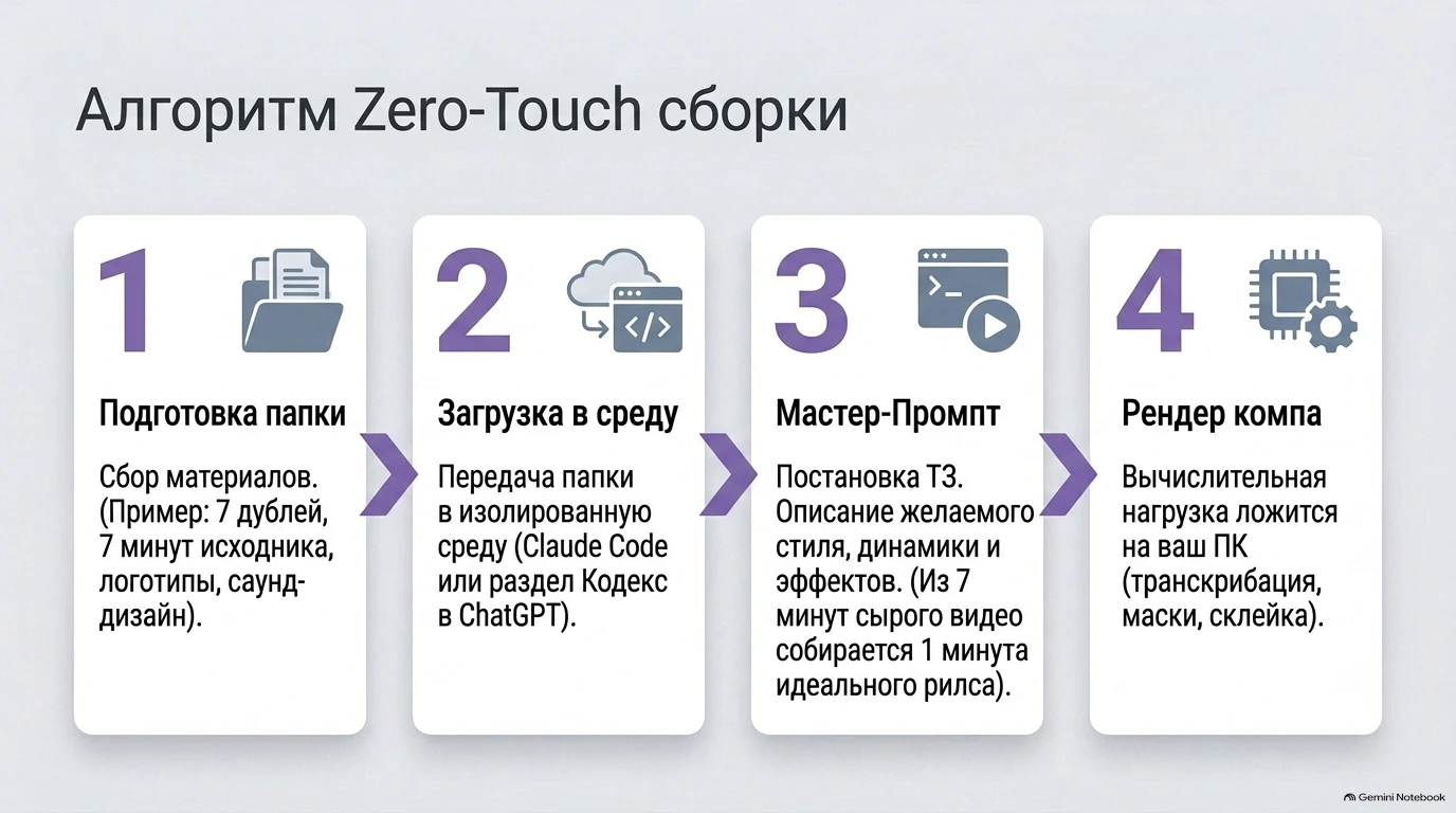 Слайд: Алгоритм Zero-Touch сборки в четыре шага от папки до рендеринга.