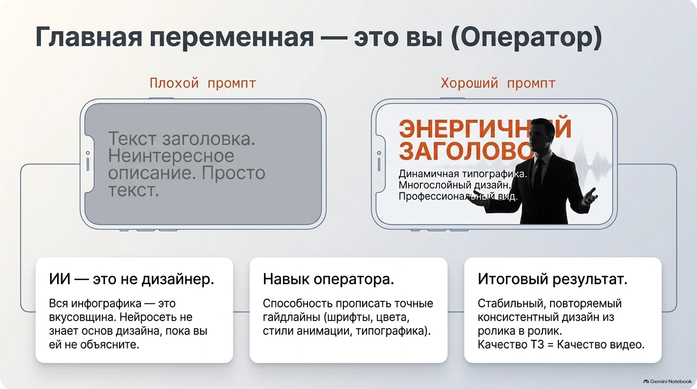 Слайд: Сравнение плохого и хорошего промпта и роль оператора.
