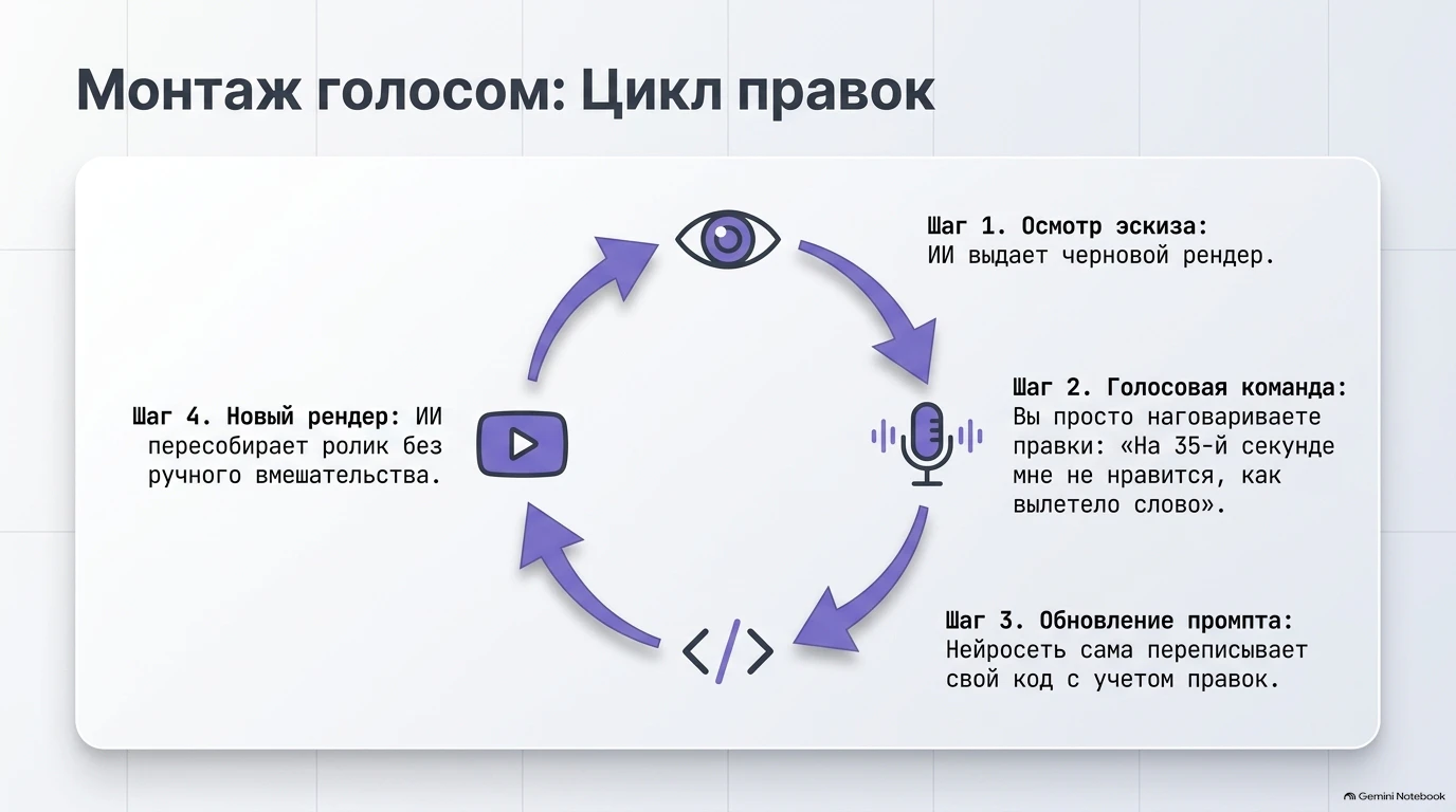 Слайд: Цикл правок монтажа голосом в четыре шага.