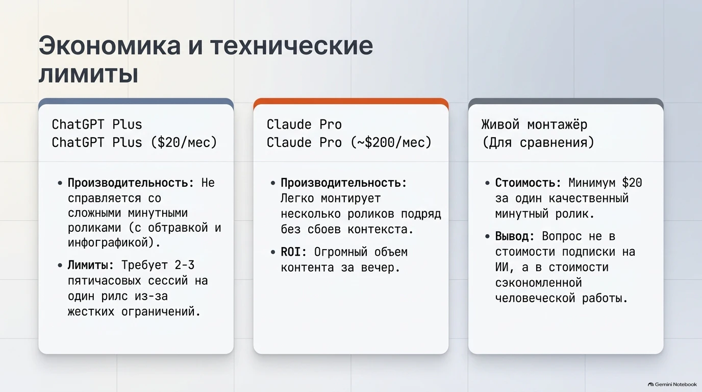 Слайд: Экономика и технические лимиты ChatGPT Plus, Claude Pro и живого монтажёра.