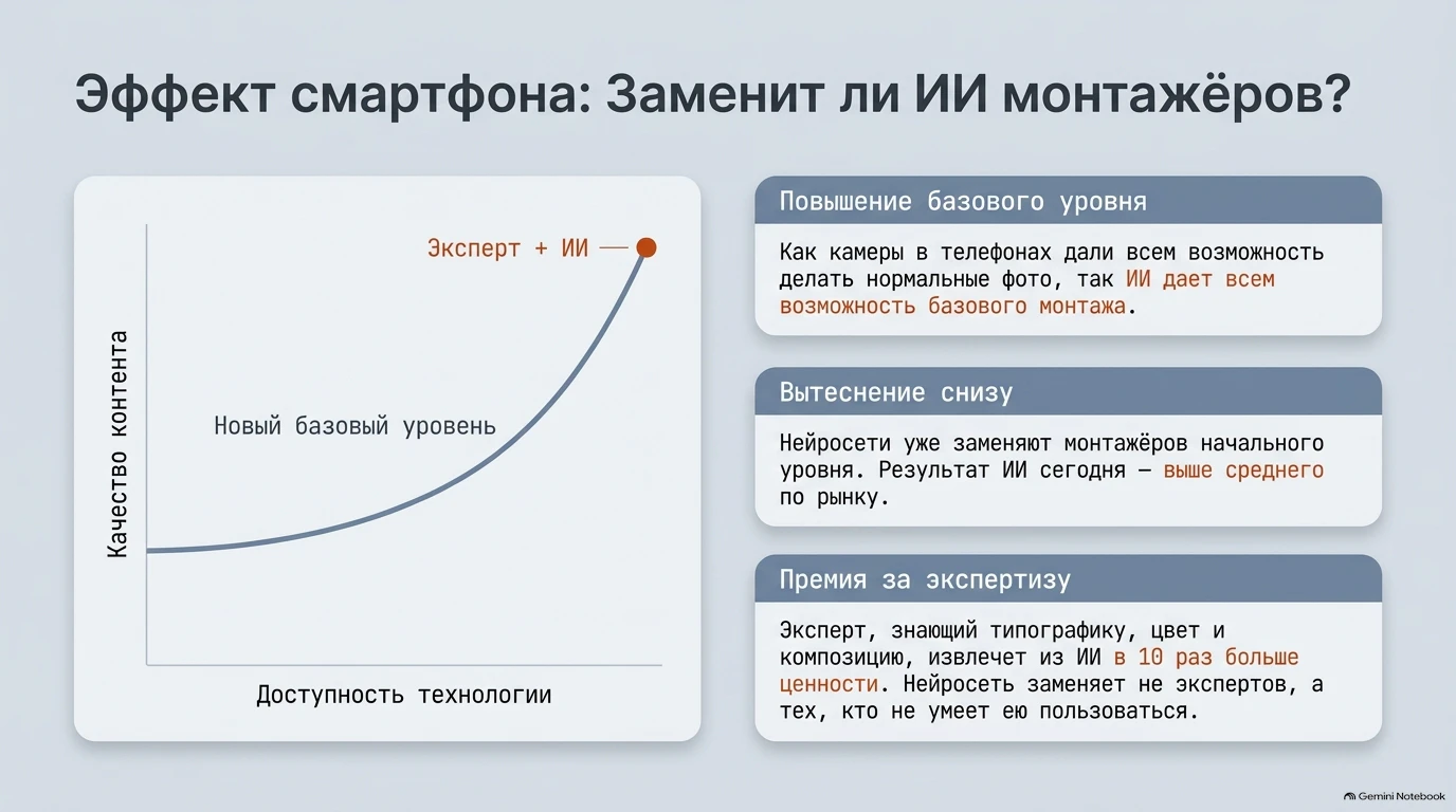 Слайд: График и тезисы об эффекте смартфона и влиянии ИИ на профессию монтажёра.