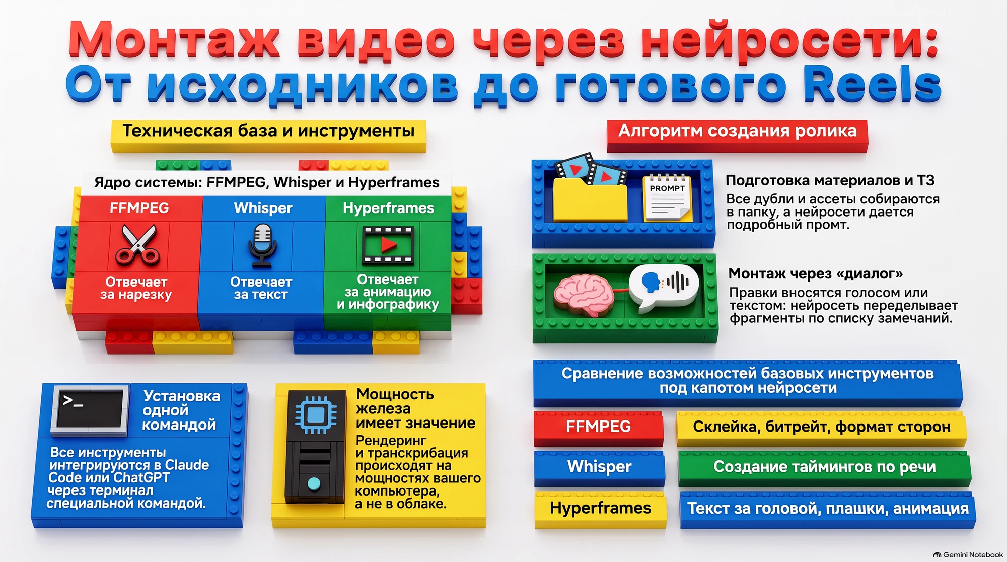 Инфографика о процессе создания коротких видеороликов с помощью искусственного интеллекта и локальных программных модулей.