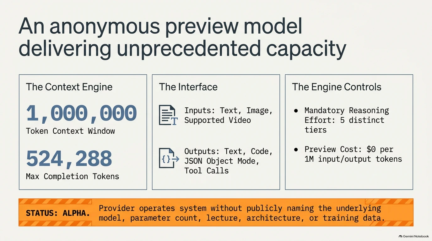 Overview of the anonymous preview model's capacity including context window, interface options, and controls.