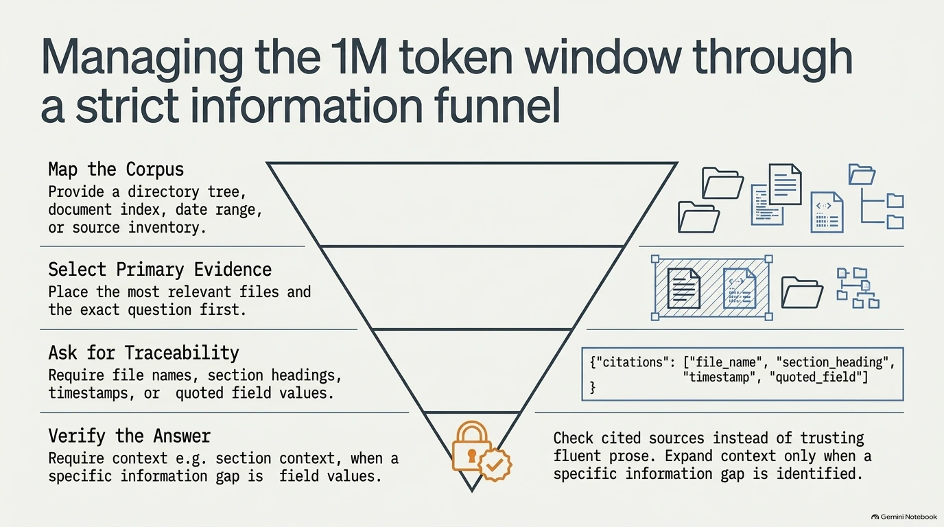 Diagram illustrating a four-step strict information funnel to manage the 1 million token window effectively.