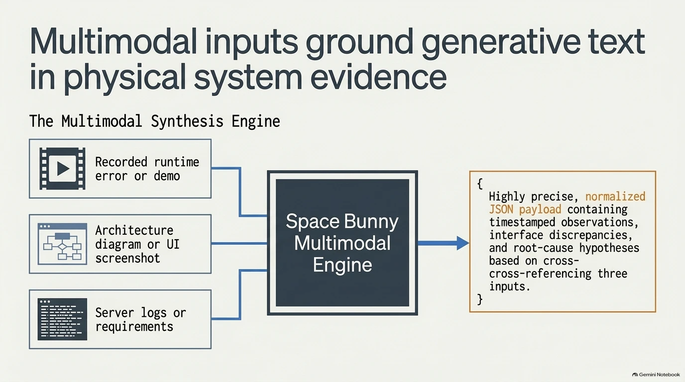 Diagram showing how multimodal inputs of video, diagrams, and logs ground generative text in physical evidence.