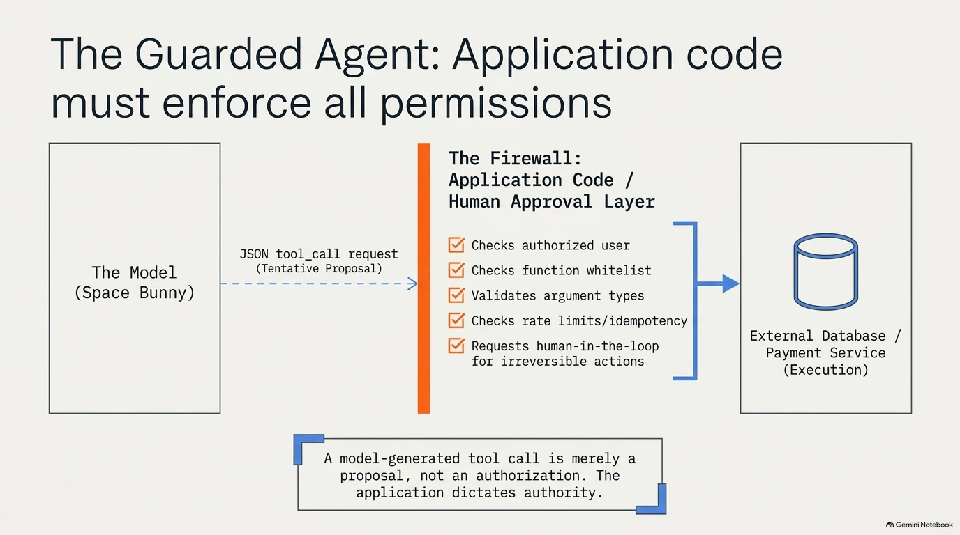 Diagram illustrating the application firewall required to safely handle model-generated tool calls.