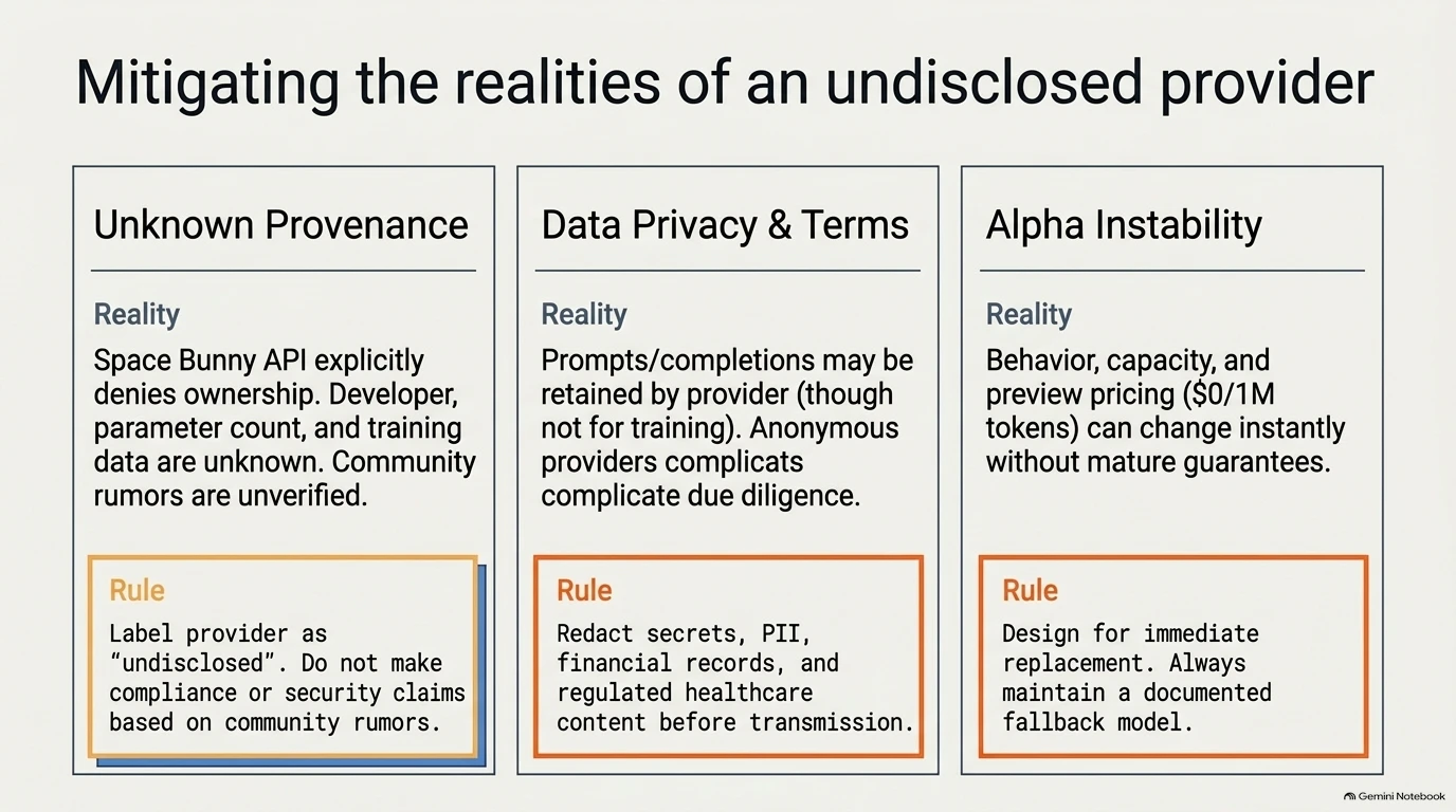 Three columns detailing mitigations for unknown provenance, data privacy, and alpha instability risks.