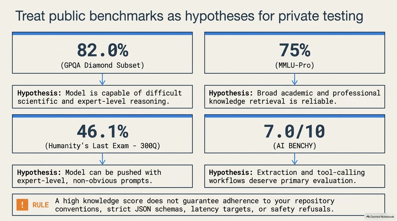 Four public benchmark scores with hypotheses and rules for private testing evaluation.