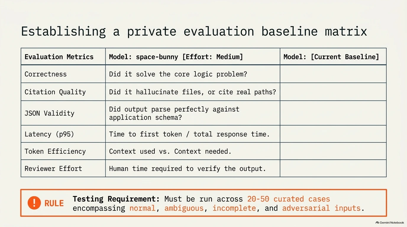 Template table for establishing a private evaluation baseline matrix with metrics and testing requirements.