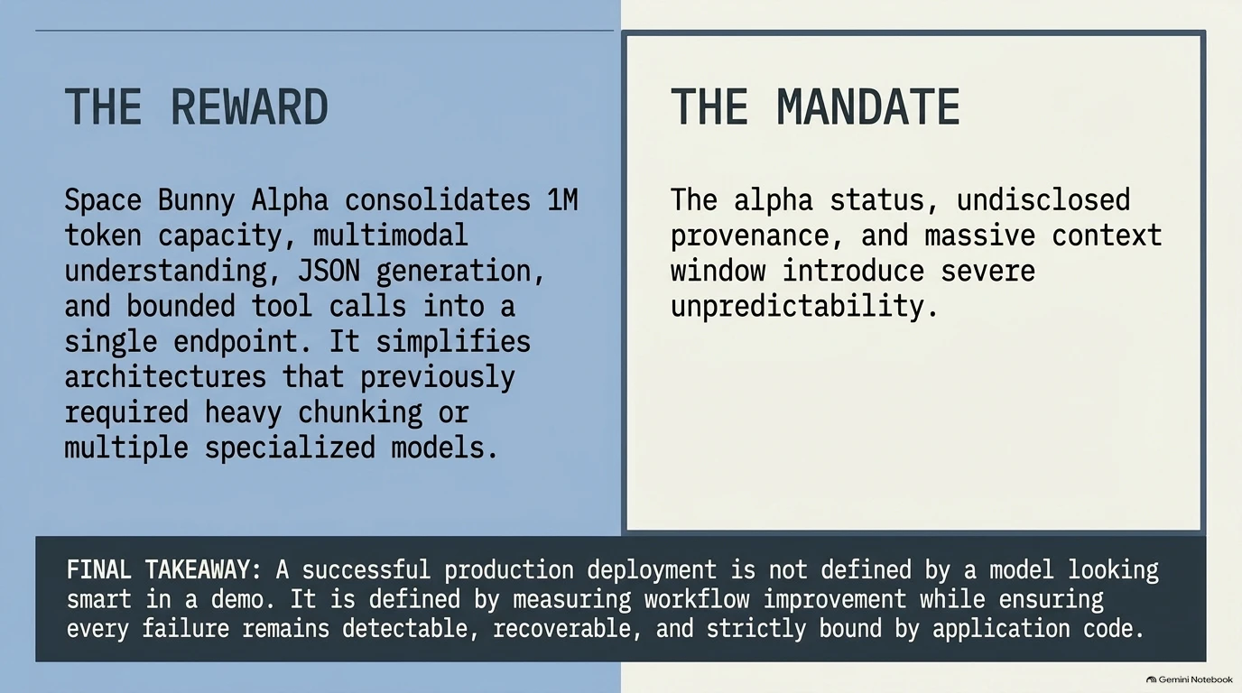 Conclusion slide summarizing the rewards, mandate, and final takeaway for deploying Space Bunny Alpha.