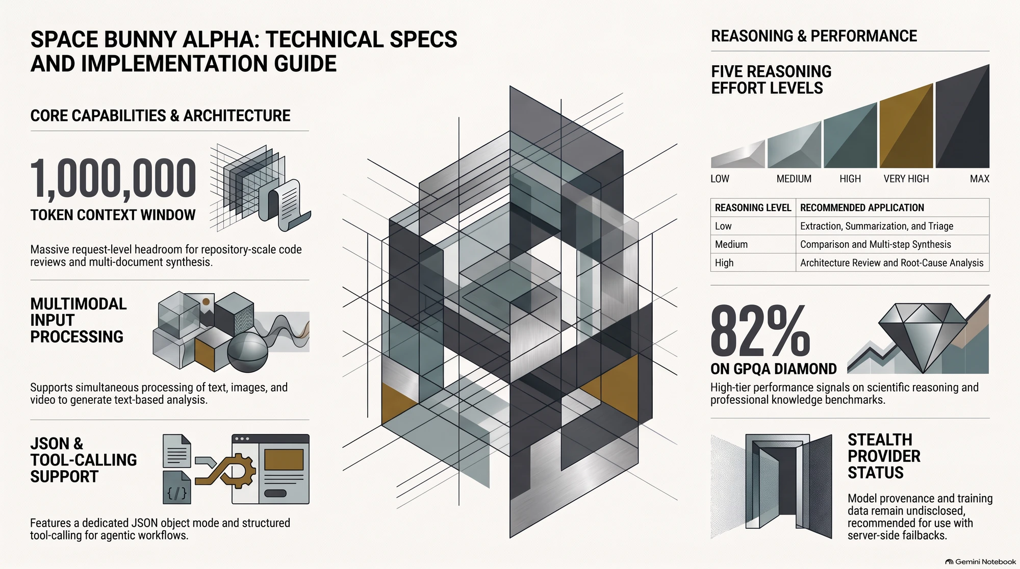 An infographic outlining technical specifications, reasoning levels, and performance metrics for the Space Bunny Alpha model.