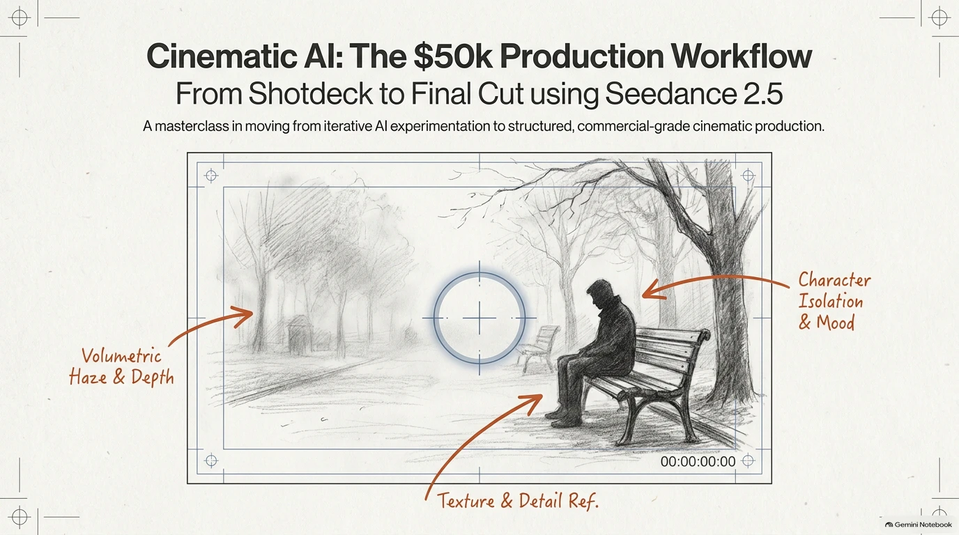 Title slide for masterclass on cinematic AI production workflow from Shotdeck to Final Cut using Seedance 2.5.