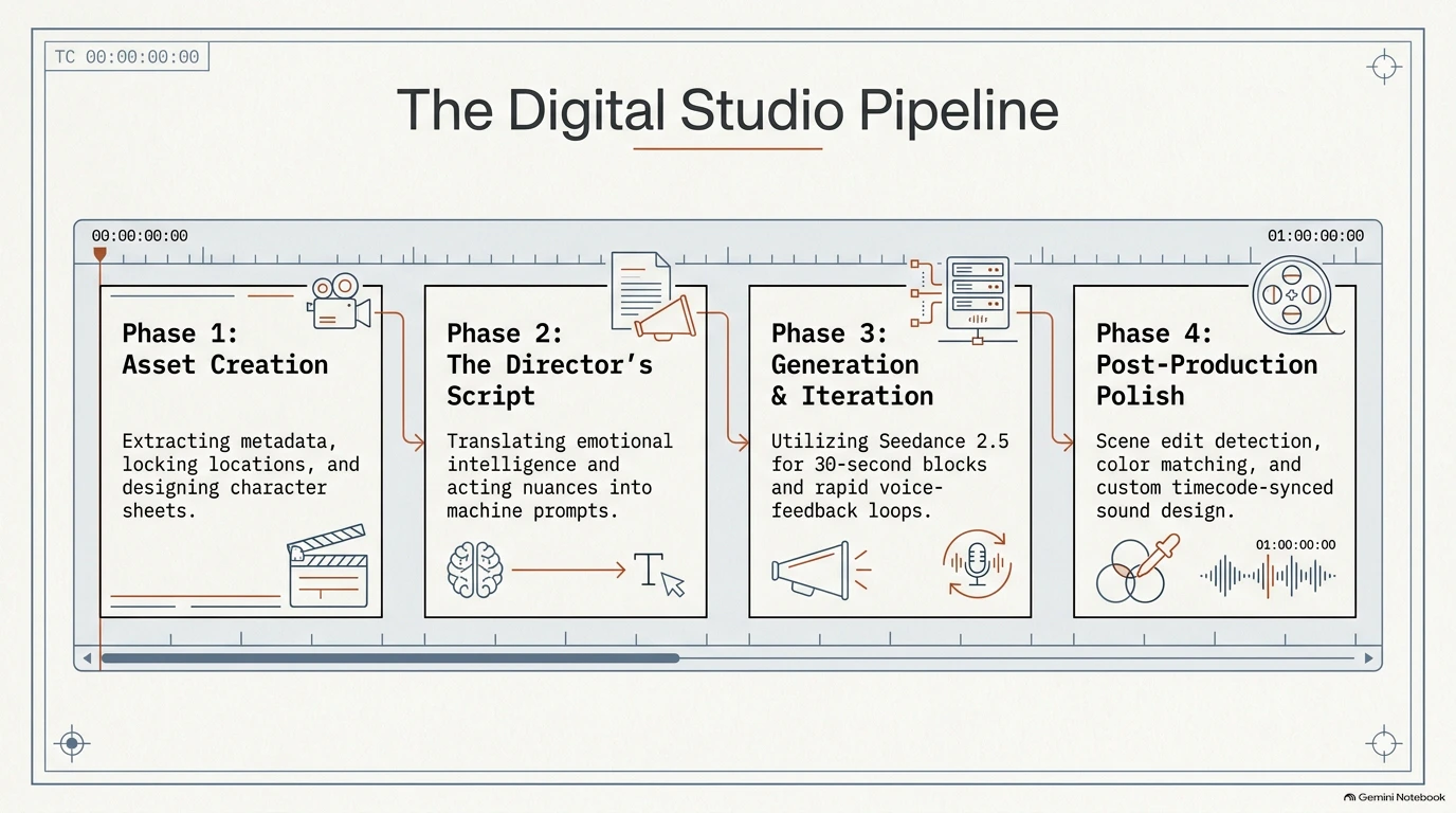 Overview of the digital studio pipeline broken down into four sequential phases from asset creation to polish.