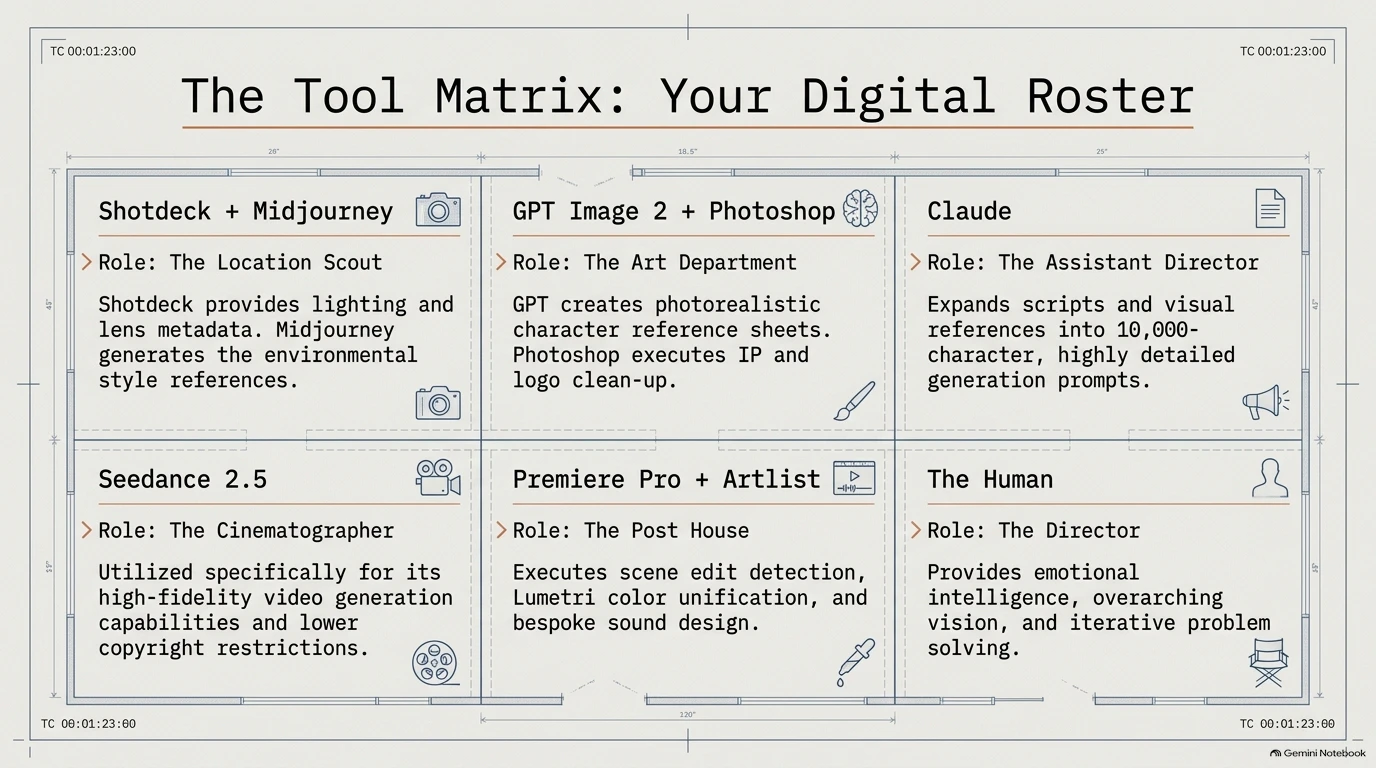 Architectural floor plan layout mapping out the digital roster tool matrix for cinematic AI production.