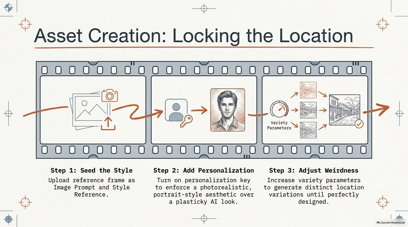 Three-step guide on asset creation detailing how to seed style, add personalization, and adjust weirdness.