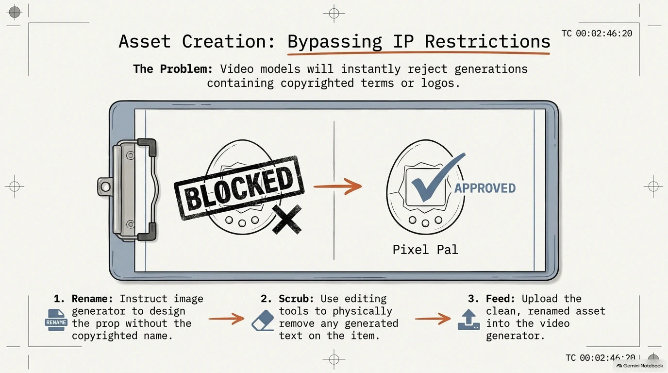 Three-step process for bypassing IP restrictions by renaming, scrubbing, and feeding clean assets to video generators.