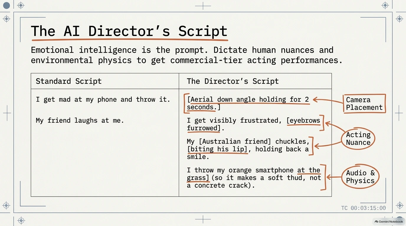 Comparison table showing how standard scripts transform into detailed AI director scripts with camera and acting nuances.